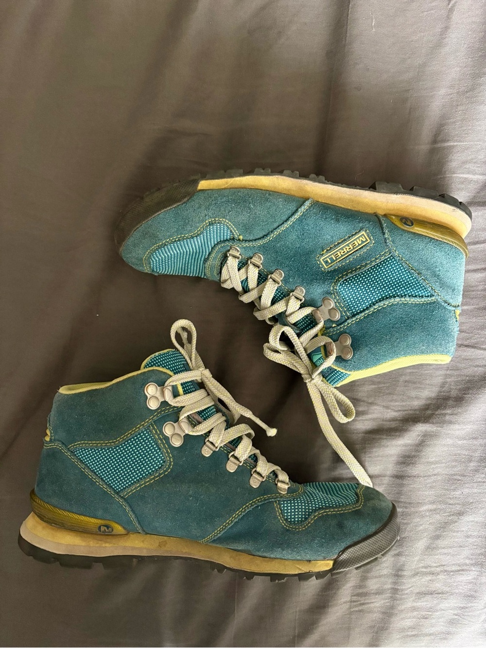 Merrell Teal Suede Kids Hiking Boots with Yellow Accents